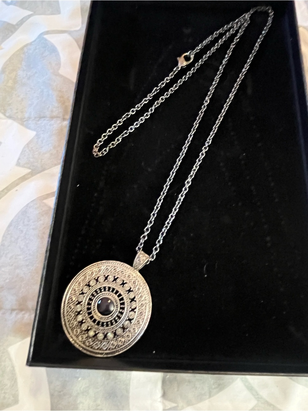 Silver-Tone Filigree Round Pendant Necklace with Black Cabochon